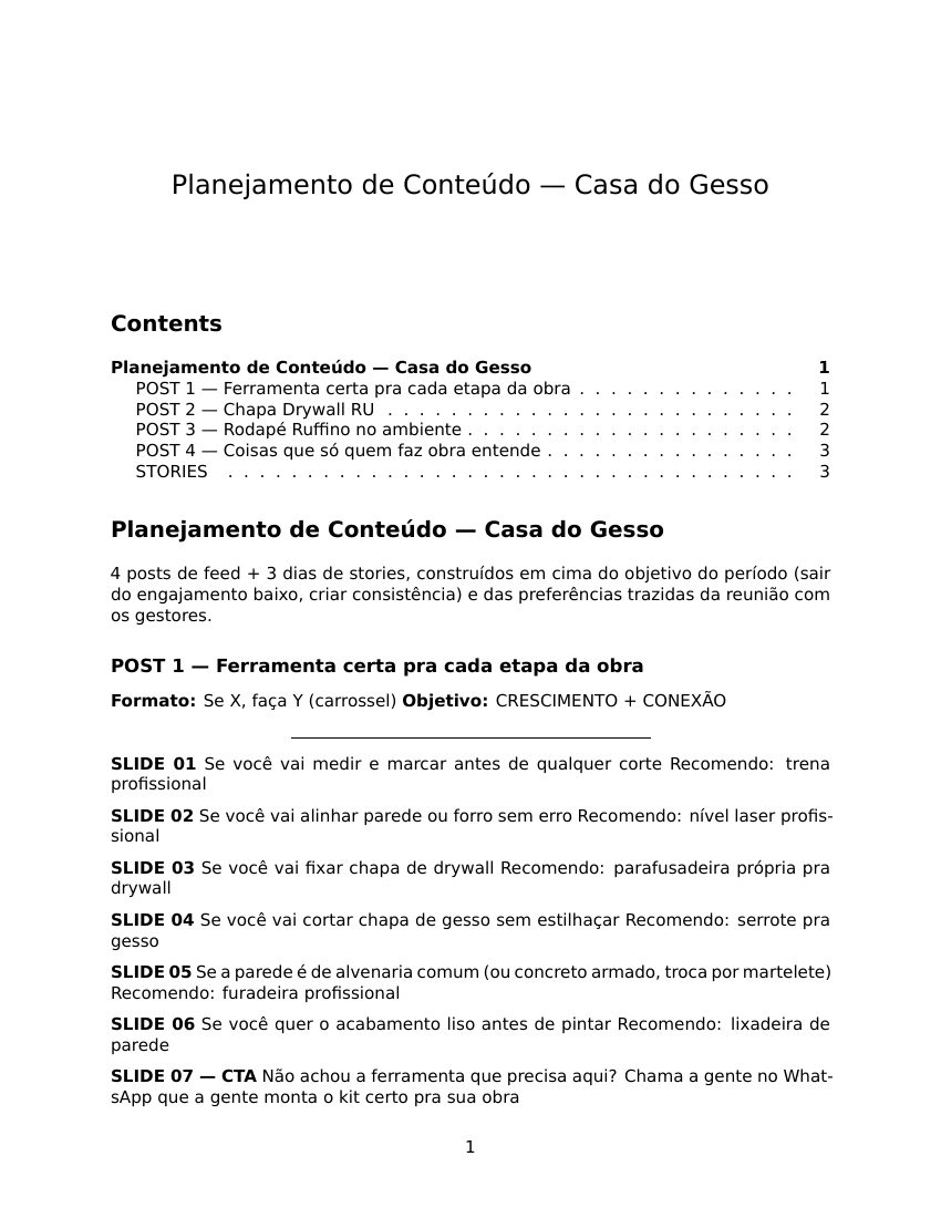 Planeamento de conteúdo da Casa do Gesso